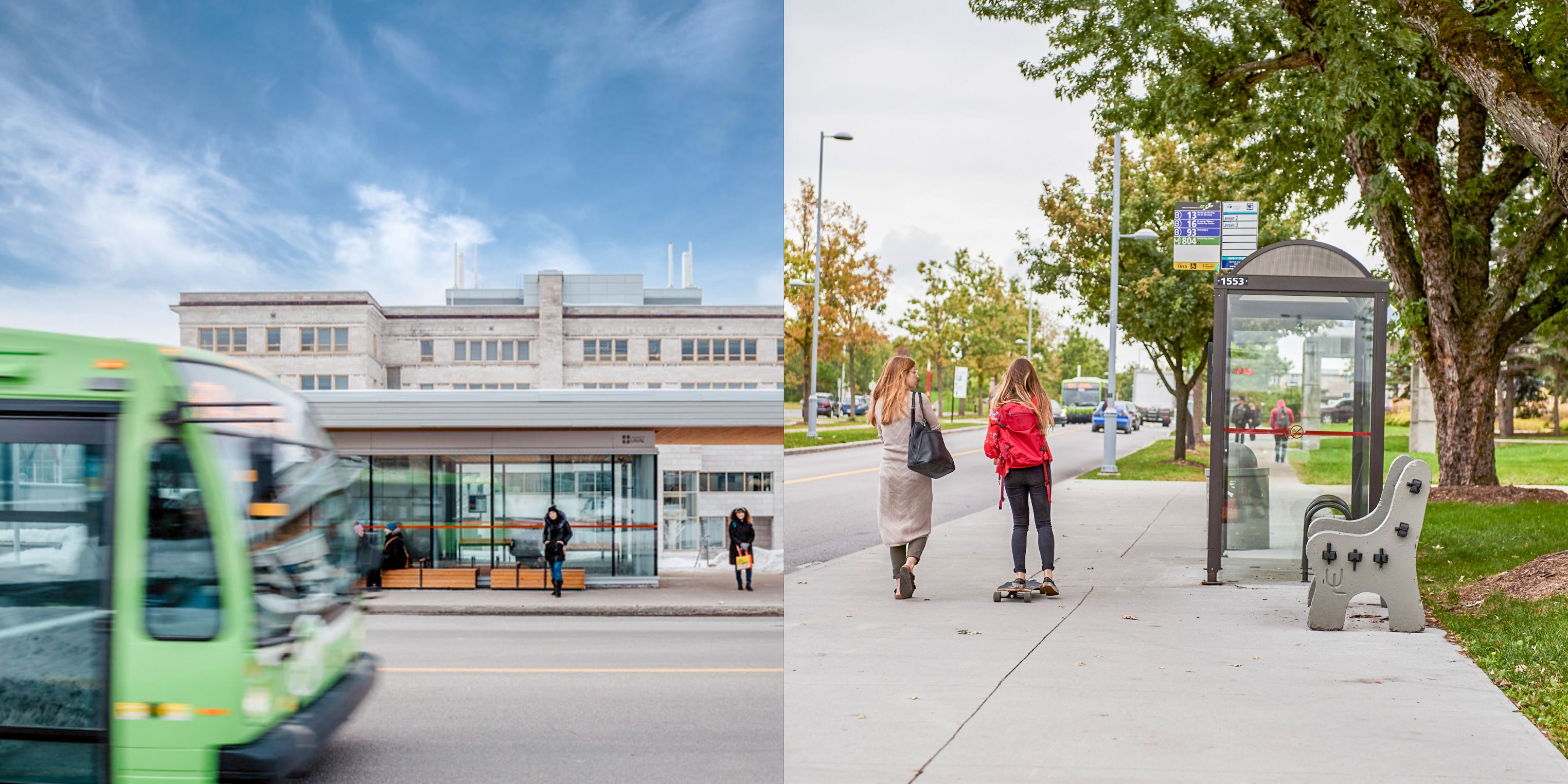 Campus en été , étudiants et autobus de la ville