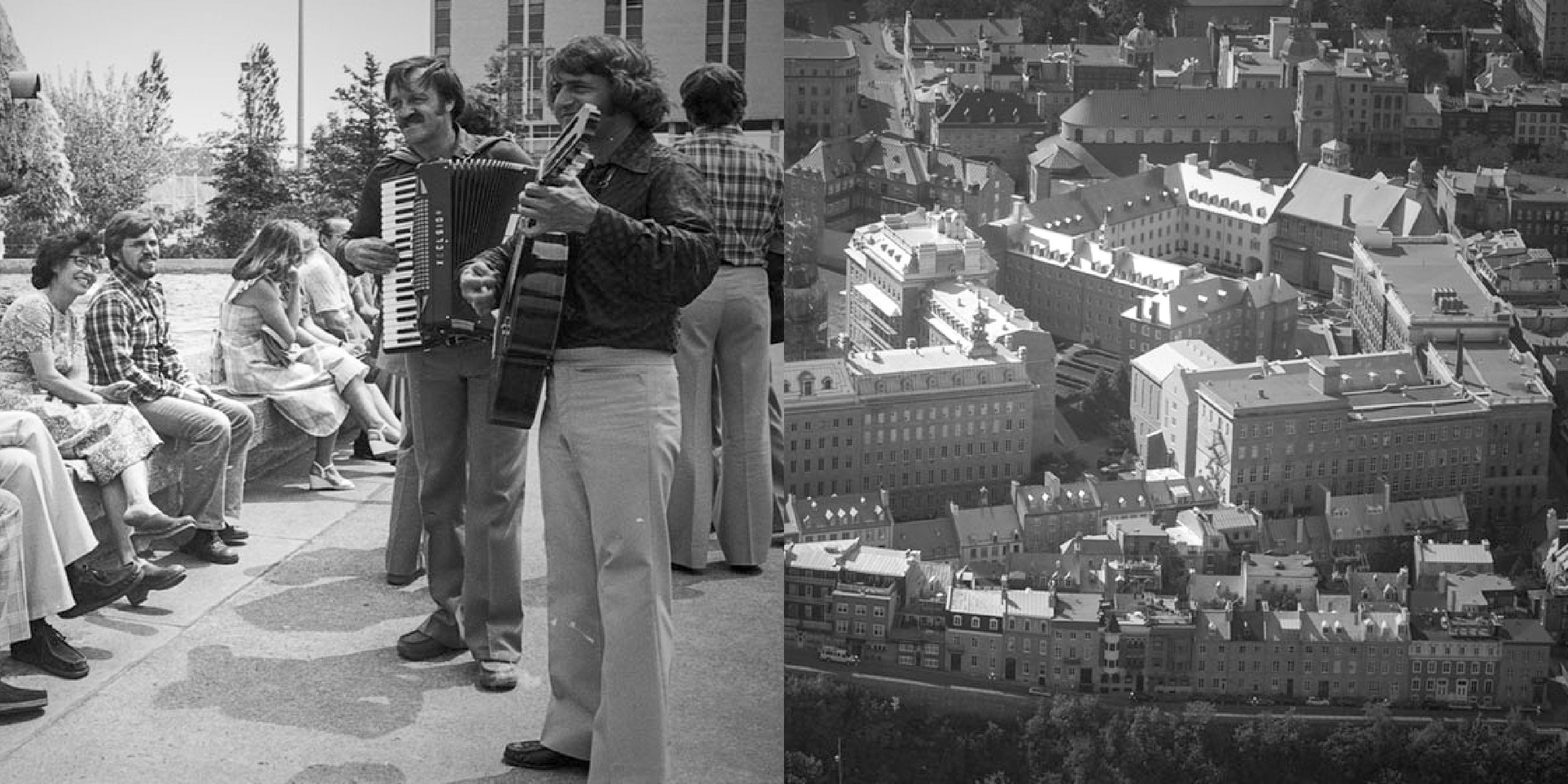 Photos en noir et blanc de musiciens dans la rue et vue aérienne de l'édifice François-de-Laval